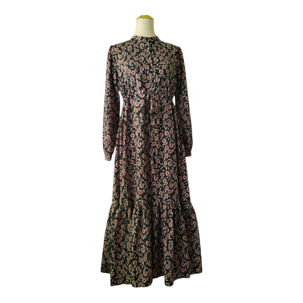 Manuka Floral Maxi Dress Sz M Black Red‎ Long Sleeve Modest Boho Prairie...